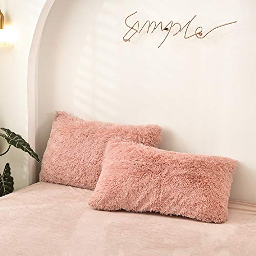 CoutureBridal 2er Set Kissenbezug 40x80cm Rosa Altrosa Warm Winter Kopfkissenbezug Plüsch Langhaar Flauschig Flanell Biber Kissenhülle Doppelpack