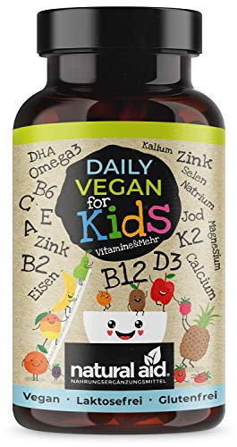 natural aid Daily Vegan For Kids Multivitamin Kinder Komplex - Vitamine & Omega 3 mit Vitamin D3 K2 B12 B6 A C E + Mineralien - Vegan, Ohne Zucker, 120 Kapseln, 4 Monate Vorrat