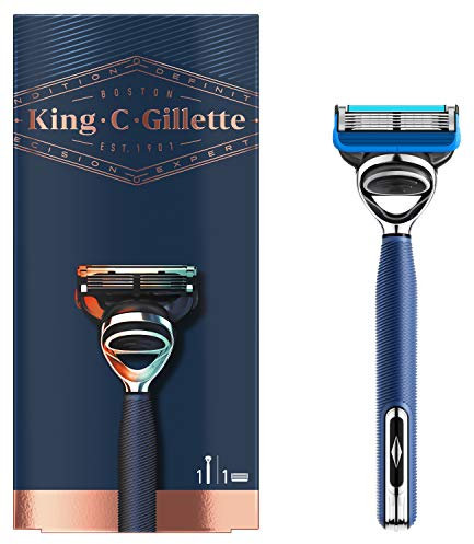 King C. Gillette Shave & Edging Nassrasierer Herren, Rasierer + 1 Rasierklinge mit 5-fach Klinge, Marineblau, Geschenk Männer