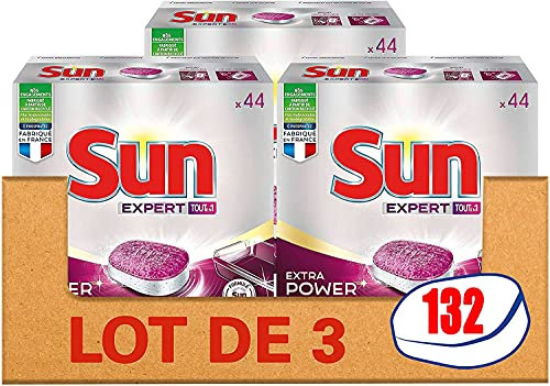 SUN Tablettes Lave-Vaisselle Extra Power X132, Hygiène renforcée, Efficace sans pré-rinçage, Fabriqué en France, 132 lavages (Lot de 3 x 44 Lavages)