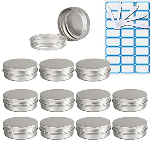 ZEOABSY 10 Stück Leere 60 ml Rund Silber Aluminium Tins mit Schraub-Deckel Schraubdose Cremedose Alu-Tiegel Dosen Aludose Blechdosen für Kosmetik Kerze Salben 5X Spatel, 1x Etikette