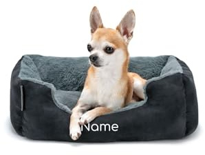 lionto Lit pour Chien avec Coussin réversible et Base antidérapante, Coussin Douillet pour Animaux avec entrée Basse pour Chiens et Chats de Tout âge, 50x37 cm, Noir/Gris (avec nom imprimé)