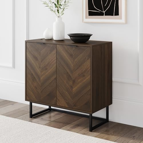 Nathan James Enloe Modern Sideboard Buffet Storage Accent Cabinet with Doors in a Rustic Walnut Finish and Black Matte Metal Base for Hallway, Entryway, Kitchen or Living Room, Walnut/Black