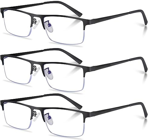 Anourney 3-Pack Reading Glasses for Men, Lightweight Metal Half Frame Blue Light Blocking Computer Readers, Stylish Filter UV Ray/Computer Glare with Spring Hinge Eyeglasses(3PCS Black,+1.0)