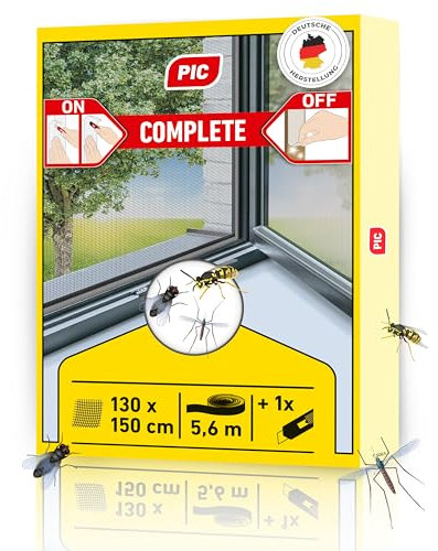 PIC Moustiquaire Fenetre 130x150 cm - Fenêtre Moustiquaire de haute qualité - Toile Moustiquaire pour Fenêtre à Mailles Fines avec Ruban Adhésif et Chiffon de Nettoyage