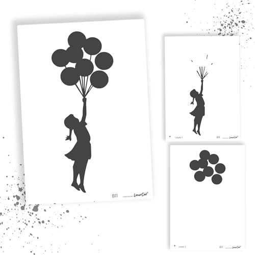 LaserCad Schablonen BANKSY Streetart (B011, Flying Baloon Girl (2 layer), DIN A6) Stencil für Graffiti, Airbrush, Kunst, Deko, zum Malen