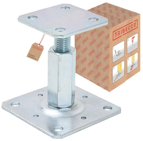 TRIBECCO Pfostenträger 80x80 für Vierkant-Holzpfosten, höhenverstellbare Auflage von 8 bis 15 cm, feuerverzinkter Stahl 4 mm, zum Aufdübeln, für Podeste, Treppen, Bühnen, Terrassen, Carports