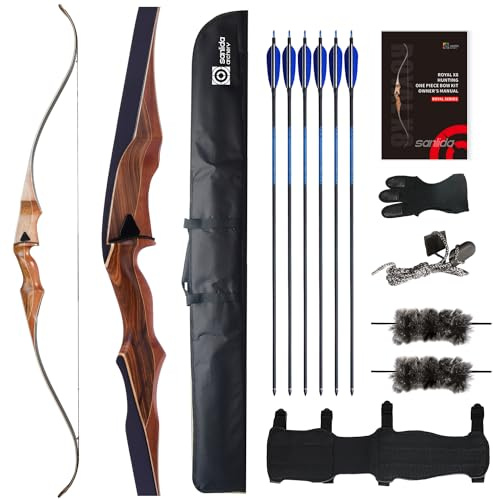 Sanlida Archery 60 Royal X8 One-Piece Bow Traditional Wooden Hunting Bow Handmade Hunting Bow and Arrows Kit for Adults & Traditional Archers, RH Only (50lbs, Dark Wood)