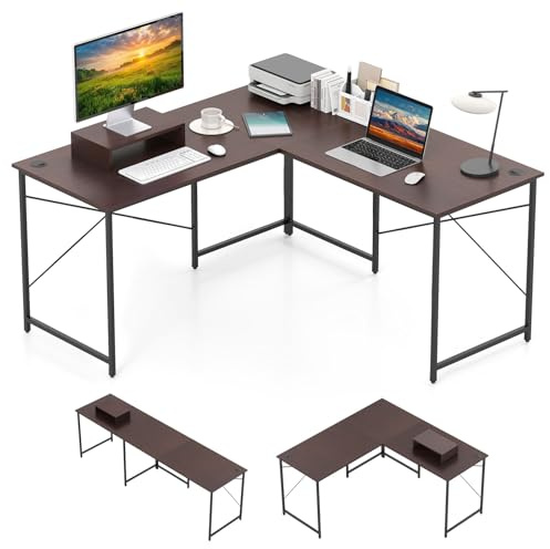 COSTWAY Escritorio de Ordenador en Forma de L, 3 Orificios para Cables, Estante Extra, 2 Formas, Mesa de Trabajo de 2 Personas，Mesa Escritorio Esquina Gaming, 240x60x74,5cm (Brown)