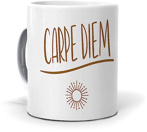 mundohuevo Taza personalizada con texto: Carpe Diem. Disfruta el presente. Regalo original. Taza desayuno mensaje motivador. Haz un regalo único, Regala Alegría.