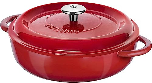 Zwilling 40202-002 Cast Iron Casserole Dish – Enamelled Braising Pan Dutch Oven, For All Hob Types Including Induction, 3.95L Capacity, Oven Safe Pot With Lid, Cocette, Shallow Cooking Dish, 26cm, Red