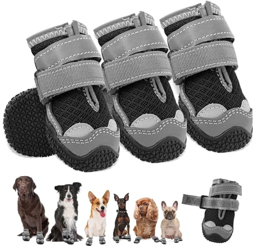 Hundeschuhe für Mittelgroße Hunde, rutschfeste Hundeschuhe Mit Reflektierenden Riemen Pfotenschutz für Schneewandern/Spazierengehen/Outdoor/Boden (2)