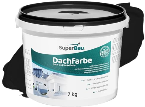 SuperBau Dachfarbe Schwarz (7 kg ca.17,5m²) Sockelfarbe WASSERDICHT, Fassadenfarbe für Außen, Dachbeschichtung für Blechdach, Bitumen, Dachpappe, Schindeln, Putz