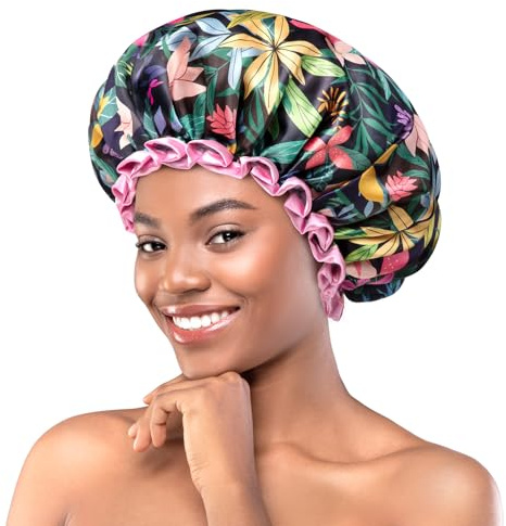 mikimini Duschhaube Damen mit Lange Haare, Mittlere Größe, Regenwald-Design