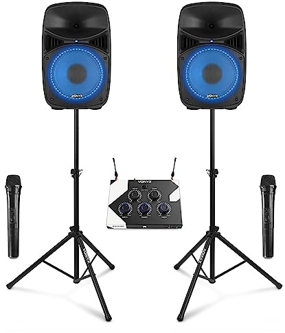 VONYX Home Karaoke Machine with Wireless Microphones, Bluetooth Mixer, Active PA Speaker System, LED Party Lights & Stands Included – Professional Karaoke Sets