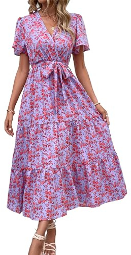 MASCOMODA Robe longue d'été à pois suisses pour femme, col en V, manches courtes, style bohème, décontracté, fluide et fluide