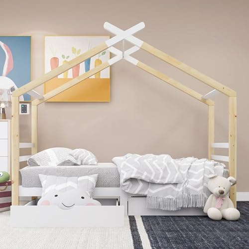 MQGPM Kinderbett Hausbett 90 x 200cm mit Speicherung und Rausfallschutz, Kinder Haus Bett mit Zwei Schubladen für Jungen & Mädchen, Kiefernholz, Weiß & Holzfarbe