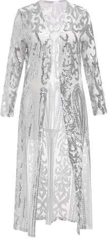 Women Sparkling Sequin Cardigan Duster Long Jacket 1920s Flapper Cover Up See Through Mesh Open Front Long Sleeve Dressy Coats for Evening Party Wedding Pageant Ball Prom Wedding Club Silver XL