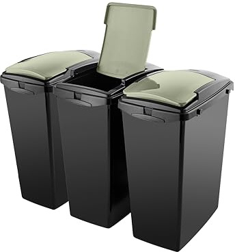 Addis Recycling 40 litre waste kitchen plastic bins, Set of 3, modular system with lift lids, Black with delicate Sage Green