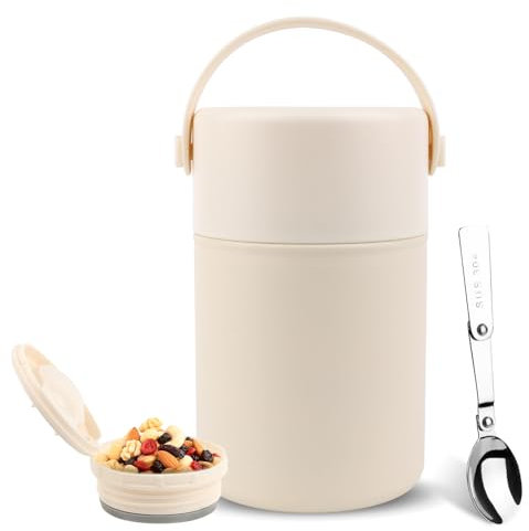 VMUTGA Thermobehälter 850ml, | Edelstahl Warmhaltebehälter | Müsli to go - Thermobox Mittagessen, Edelstahl Thermobehälter für Essen mit faltbaren Löffel (Weiß)