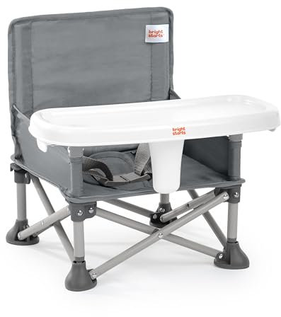 Bright Starts Pop ’N Sit Tragbare Sitzerhöhung, für drinnen und draußen, Bodensitz mit Essenstablett, Grau, 6 Monate - 3 Jahre