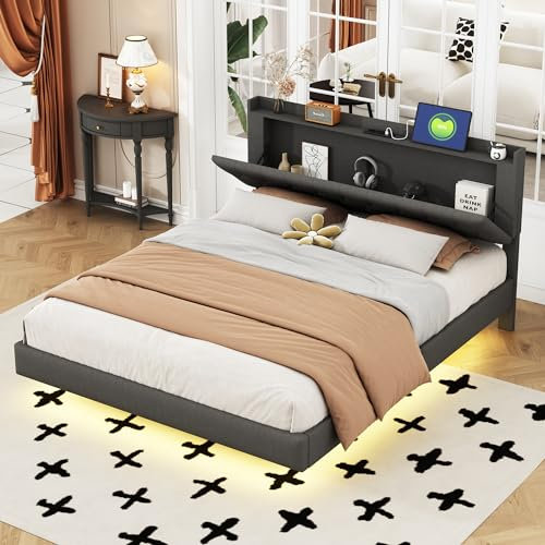 Azkoeesy Polsterbett Doppelbett mit LED-Licht, USB-Ladeanschluss, Stauraum Kopfteil, Lattenrost, bezug aus Leinenstoff, 160 x 200 cm, Grau