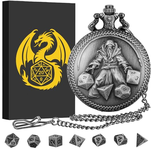 Mini DND Würfelset, Handwürfel Zauberer Taschenuhr Gehäuse, 7-teiliges Polyedrisches Metall D&D-Würfelset, DND Geschenke mit Geschenkbox, Rollenspiel-Brettspielzubehör Würfel, Dunkelsilber