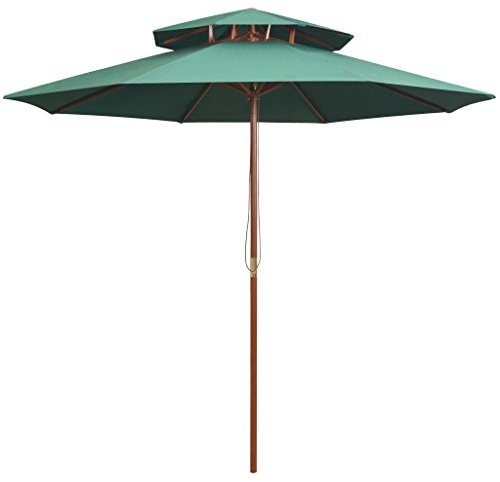 Homgoday Parasol à 2 niveaux 270 x 270 cm avec poteau en bois vert, mobilier de parasol, parasols, parasol de jardin, parasols d'extérieur, parasol de plage, parasol de terrasse coupe-vent