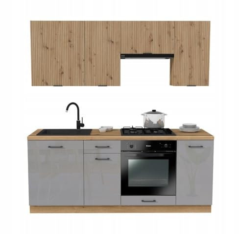 Küchenzeile 200 cm - Modulare Möbel für die Küche - inklusive Montagezubehör - mit Soft-Close-System - ohne Spülbecken Geräte - Mix Grau Acryl Glanz/RYFLA Oak Artisan - Küchenarbeitsplatte Evoke Oak