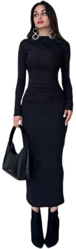 Hanaoops Women's Maxi Dress Sexy Lounge Long Dresses Bodycon Long Sleeve Dresses Elegant Wrap Hip Dress Y2k Slim Fit Ruched Clubwear Pencil Long Dress for Ladies Nightclub Party