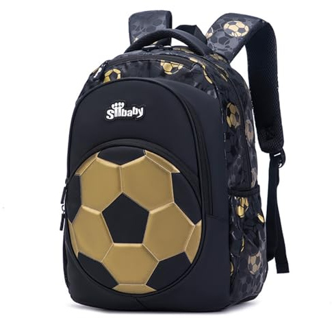 Pouway Kids Football School Bag for Boys Teenage, Causal Travel Children's Backpack Laptop Backpack, Lightweight Rucksack Water Resistant Work Daypack (Gold)