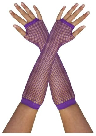 Damen Fischnetz-Handschuhe, lang, lila, fingerlose Netzhandschuhe, 80er-Jahre-Popstar-Ikone, Neon-Rave-Roller, Disco-Kostüm-Zubehör