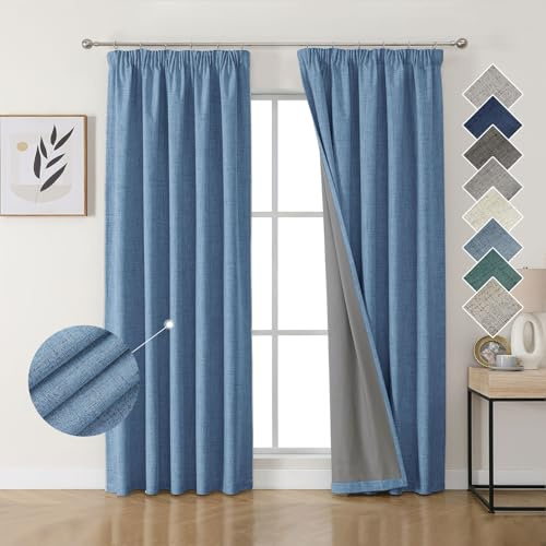 Joydeco 100% Verdunkelungsvorhänge Leinen Gardinen mit Kräuselband 2er Set H200xB140cm Wathet, Thermovorhang Kälteschutz Blickdicht Schallschutz Ideal für Wohnzimmer passt zu Schienensystemen
