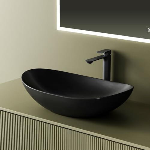 EMKE Vasque à Poser Ovale 619 x 360 mm,Noir Mat(Sans Robinet ni Bonde) | Bol de Salle de Bain en Céramique au Style Scandinave, Grand Lavabo Moderne aux Lignes Fluides pour Toilettes