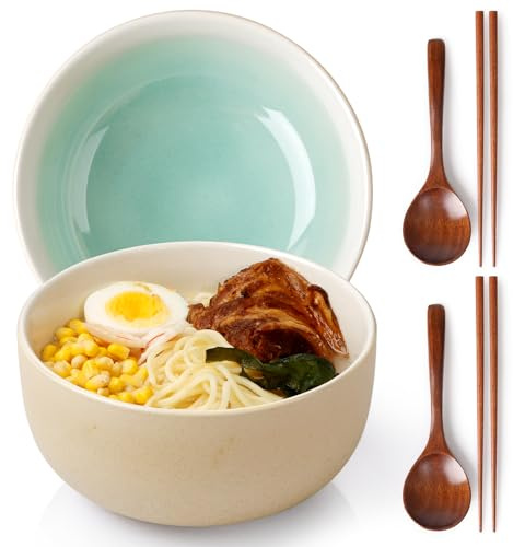 NUTRIUPS Ramen Schüssel Set 2 Stück,1200ML Japanische Keramik Ramen Bowl Nudelschüsseln mit Stäbchen & Löffel (Brennofenwechsel Weiß + Grün)