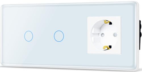 TAWOIA Interruptor de luz táctil con enchufe, estándar de la UE, enchufe doble, 1 vía, con interruptor de luz empotrado con placa de cristal curvada 2,5D, 86 x 228 mm, color blanco