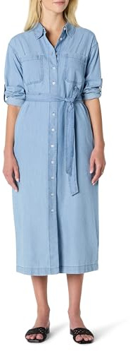Amazon Essentials Abito a Maniche Lunghe in Denim Chambray, Vestibilità Classica Donna, Lavaggio Blu Chiaro Con Ghiaccio, XS