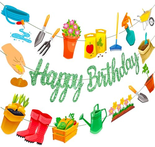 3Pcs Garden Birthday Party Banner Decorations Green Glitter Happy Birthday Banner Gardening Tool Theme Garlands for Gardening Birthday Party Hanging Decorations Spring Theme Party Supplies