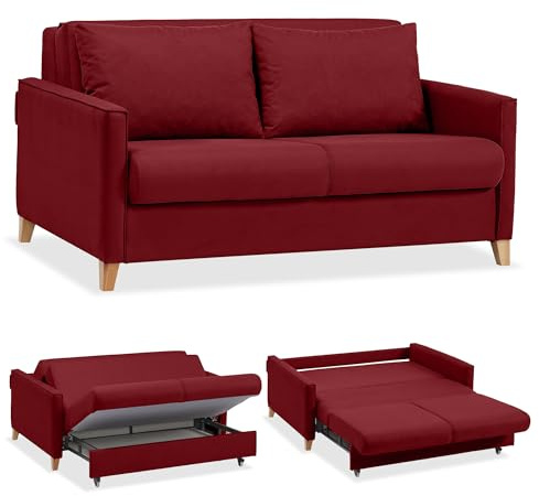 EVERGREENWEB Schlafsofa mit Bettkasten, Umwandelbar 2-Sitzer Couch Ausziehbarer Chaise Longue, Schlaffunktion, Bordeaux Stoff, Abnehmbare Doppelkissen-Rückenlehne, Faltbare Verstärkte Struktur, CALION