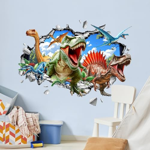 Decvictor Wandtattoo 3D Dinosaurier Wandaufkleber Durchbruch Wand Dinosaurierpark Wandsticker Kinderzimmer Babyzimmer Jungenzimmer Wanddeko