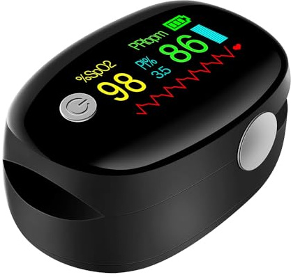 Pulsoximeter für Erwachsene mit Farbdisplay - Finger Pulse Oximeter misst Blutsauerstoff (SpO2) & Herzfrequenz in 3-5 Sekunden - Inklusive Trageband und Batterien (Schwarz)