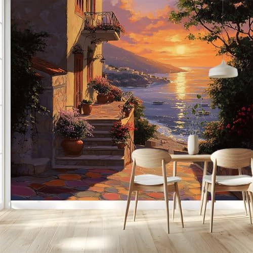 Papel pintado 3D fotomural Puesta de sol sobre una ciudad mediterránea Murales para sala de estar sofá TV Hotel Tema Pasillo De Lujo Fondo Pintura Mural 350cm (L) X256cm (H) 137 x 100 inch