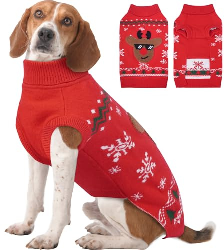 Katzinst Weihnachten Hundepullover, Weich & Warm, Umgschlagbarer Rollkragen, Hundepullover Weihnachten Mittelgroße Hunde, Strickpullover für Herbst und Winter, Hundepulli Französische Bulldogge, M