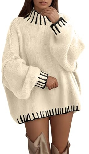 Maglione da donna a maglia grossa con frange, taglio largo, in stile bohémien, morbido maglione invernale con collo alto e treccia