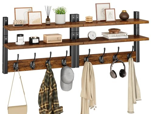 YMYNY Appendiabiti da Parete con 2 Mensola Design, Attaccapanni da Muro in Legno con 8 Ganci Moderno per Ingresso, Cameretta e Bagno, Marrone Rustico, HWS009H-2