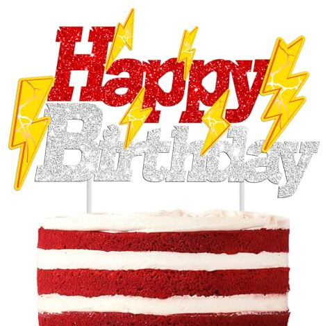Pre-pasted Lightning Bolt Cake Topper Lightning Birthday Party Supplies Lightning Flash Cake Decorations Weather Glitter Red and Silver Flash Cake Picks Decor for Hero Baby Shower Supplies