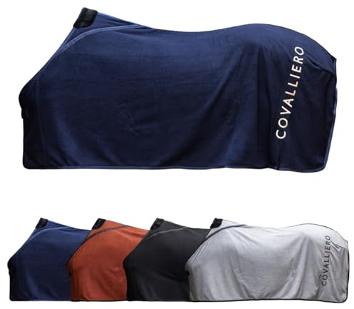 Covalliero - Fleecedecke – Pferde Abschwitzdecke – Decke mit Widerristpolster aus Fell, Kreuzgurten, Brustschnalle & Schweifriemen – atmungsaktive Pferdedecke in Dark Navy – Größe 165cm