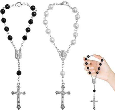 2 Stück Rosenkranzkette,Auto Deko Innenraum Rückspiegel Anhänger,Kreuz-Rosenkranz-Armband,Car Spiegel Accessories Interior,Car Glücksbringer Geschenk,Auto-Innenraum-Anhänger für PKW & Sonnenblende