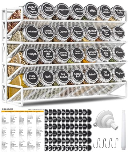 UVIAHOMI Magnetic Spice Rack Organizer for Refrigerator with 28 Spice Jars, 386 Spice Labels, 4 Hook, Chalk Marker and Funnel Set, Magnetic Shelf for Seasoning Organizer, 13.2'' W x 9.8 H, White