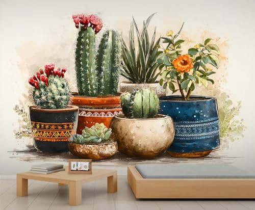 Retro Potted Cactus Wallpapers Flowers Vintage Succulent Wallpaper for Boys Room Green Potted Plant Wallpaper Murals for Walls for Bedroom Mural Living Room Poster 232 X 158 cm